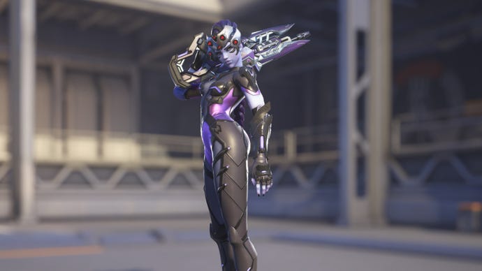Widowmaker, a hero in Overwatch 2, poses before the camera in the hero selection screen.