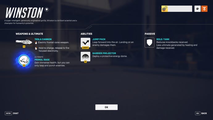 A screen from Overwatch 2 showcasing the abilities of the hero Winston.