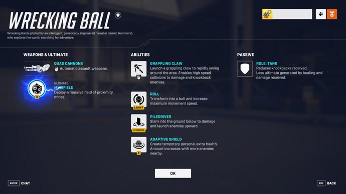A screen from Overwatch 2 showcasing the abilities of the hero Wrecking Ball.