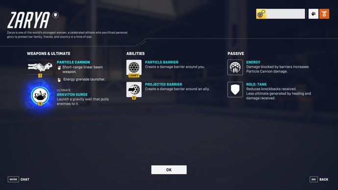 A screen from Overwatch 2 showcasing the abilities of the hero Zarya.