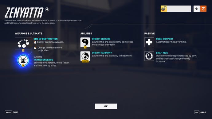 A screen from Overwatch 2 showcasing the abilities of the hero Zenyatta.