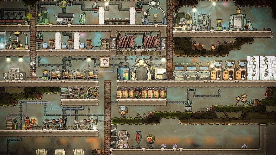 A cross section view of an underground facility in Oxygen Not Included
