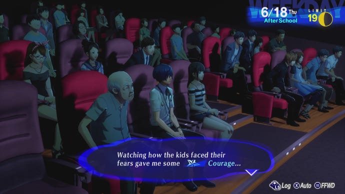 Watching a film at a cinema in Persona 3 Reload.