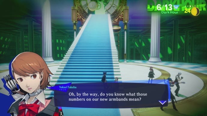 A chat with Yukari at the foot of Tartarus' steps in Persona 3 Reload.
