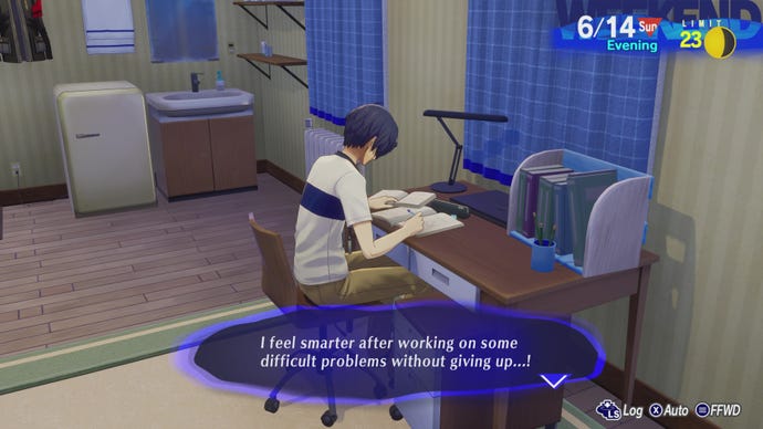 Studying at a bedroom desk in Persona 3 Reload.