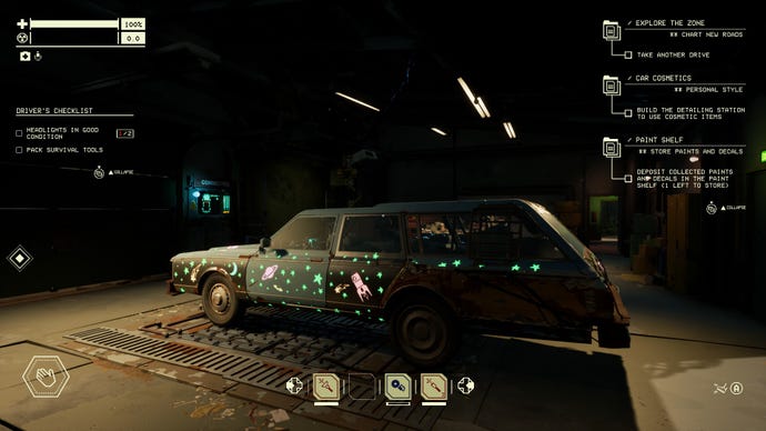 Customising the car in Pacific Drive's garage.