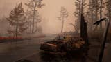 Pacific Drive preview - an abandoned car by the road in a brown haze, the player holding a crowbar in first person
