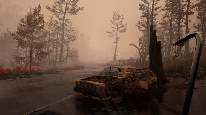 Pacific Drive preview - an abandoned car by the road in a brown haze, the player holding a crowbar in first person