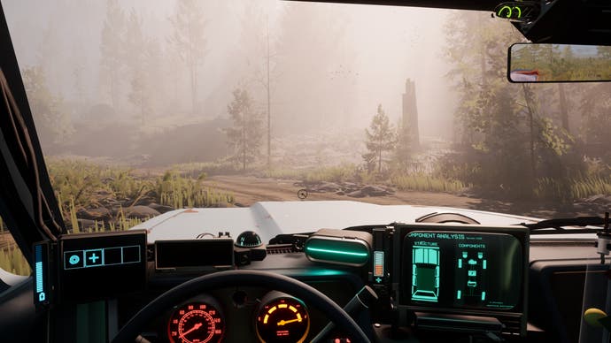 Pacific Drive preview - in the driver's seat, a somewhat high-tech dashboard with a green outline of the car on display, looking out at a hazy forest