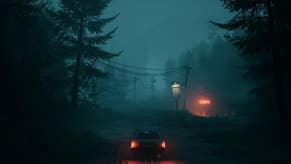 Pacific Drive official screenshot of the car against a foggy blue-green background of woods