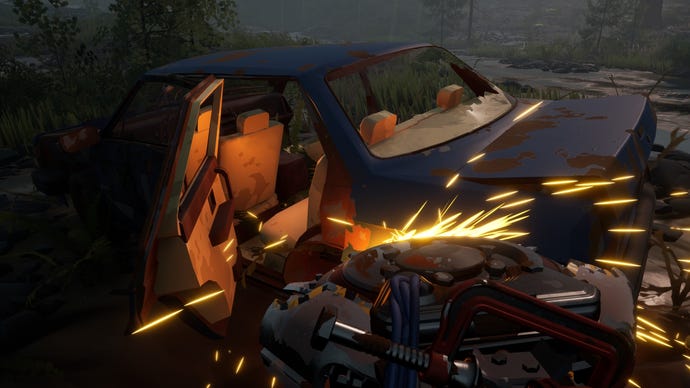 The player applies a scrapping tool to a rusted car in Pacific Drive