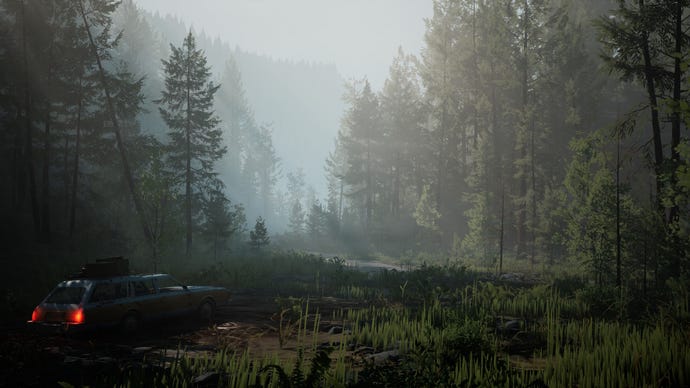 A station wagon drives through a forest scene in Pacific Drive