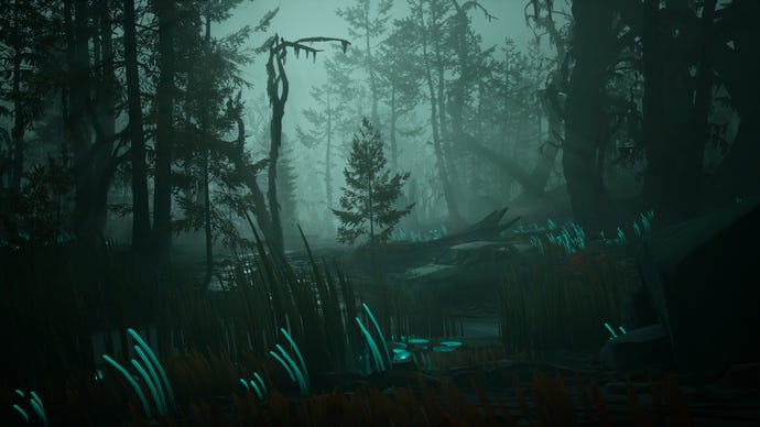 The player walks through a spooky forest at night in Pacific Drive