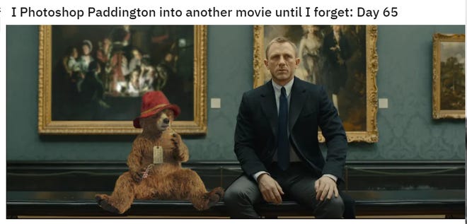 Screenshot of reddit post featuring Paddinton photoshopped next o James Bond