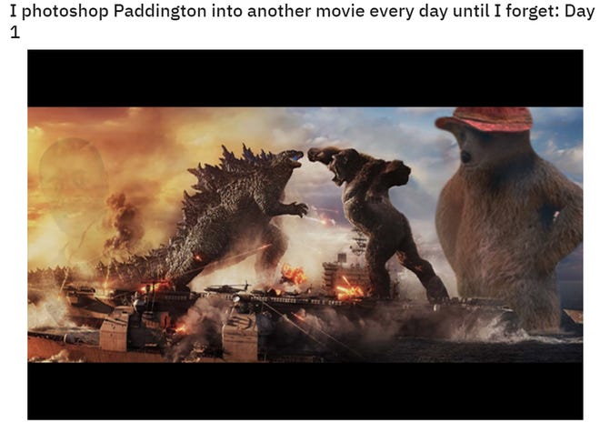 Screenshot of reddit post featuring Paddington photoshopped next to King Kong and Godzilla