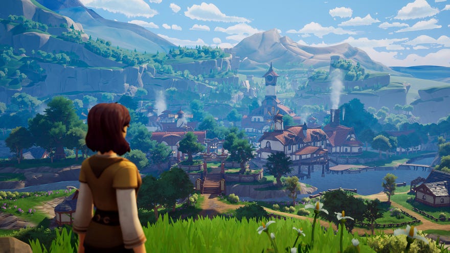 A screenshot of Palia, an MMO, showing a young woman on a hill facing away from the camera, looking down over a cute parochial village surrounded by green hills.