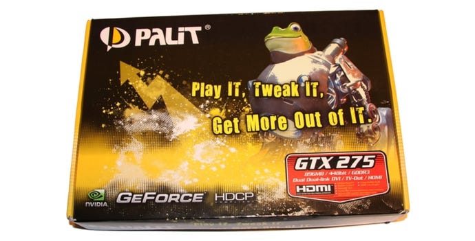 A graphics card box for the Palit GeForce GTX 275, with a buff frog cyborg on the box