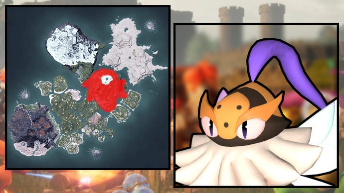 A screenshot of a Beegarde in Palworld, next to a heatmap of their spawn locations.