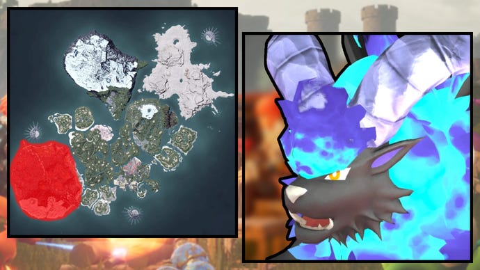 A screenshot of a Blazehowl Noct in Palworld, next to a heatmap of their spawn locations.