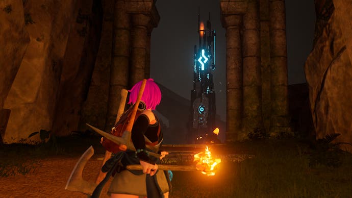 palworld character holding torch facing rayne tower