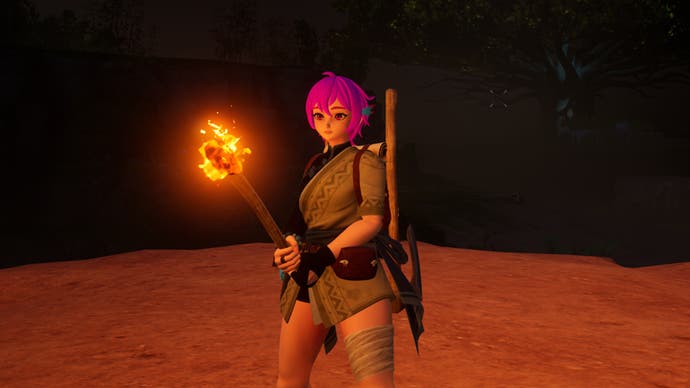 palworld character holding torch wearing cloth armor in desert