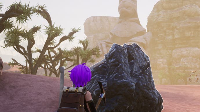 Palworld, a purple haired character facing a coal deposit in desert