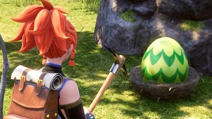 A Palworld player approaching an egg with a pickaxe