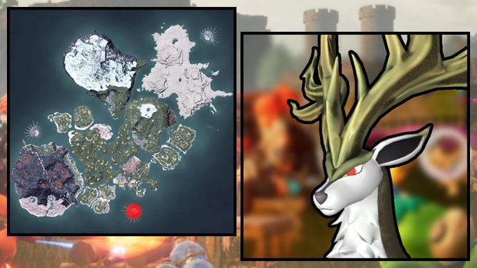 A screenshot of an Eikthyrdeer Terra in Palworld, next to a heatmap of their spawn locations.