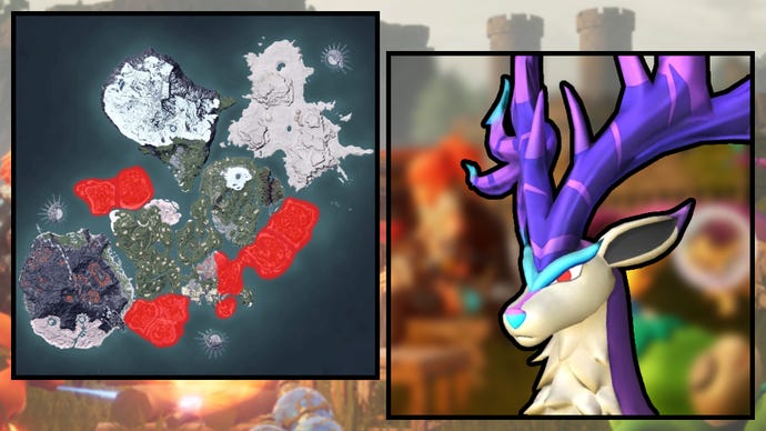 A screenshot of an Eikthyrdeer in Palworld, next to a heatmap of their spawn locations.