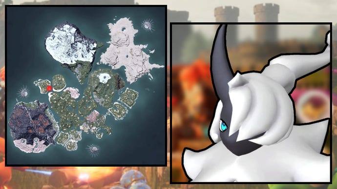 A screenshot of a Felbat in Palworld, next to a heatmap of their spawn locations.