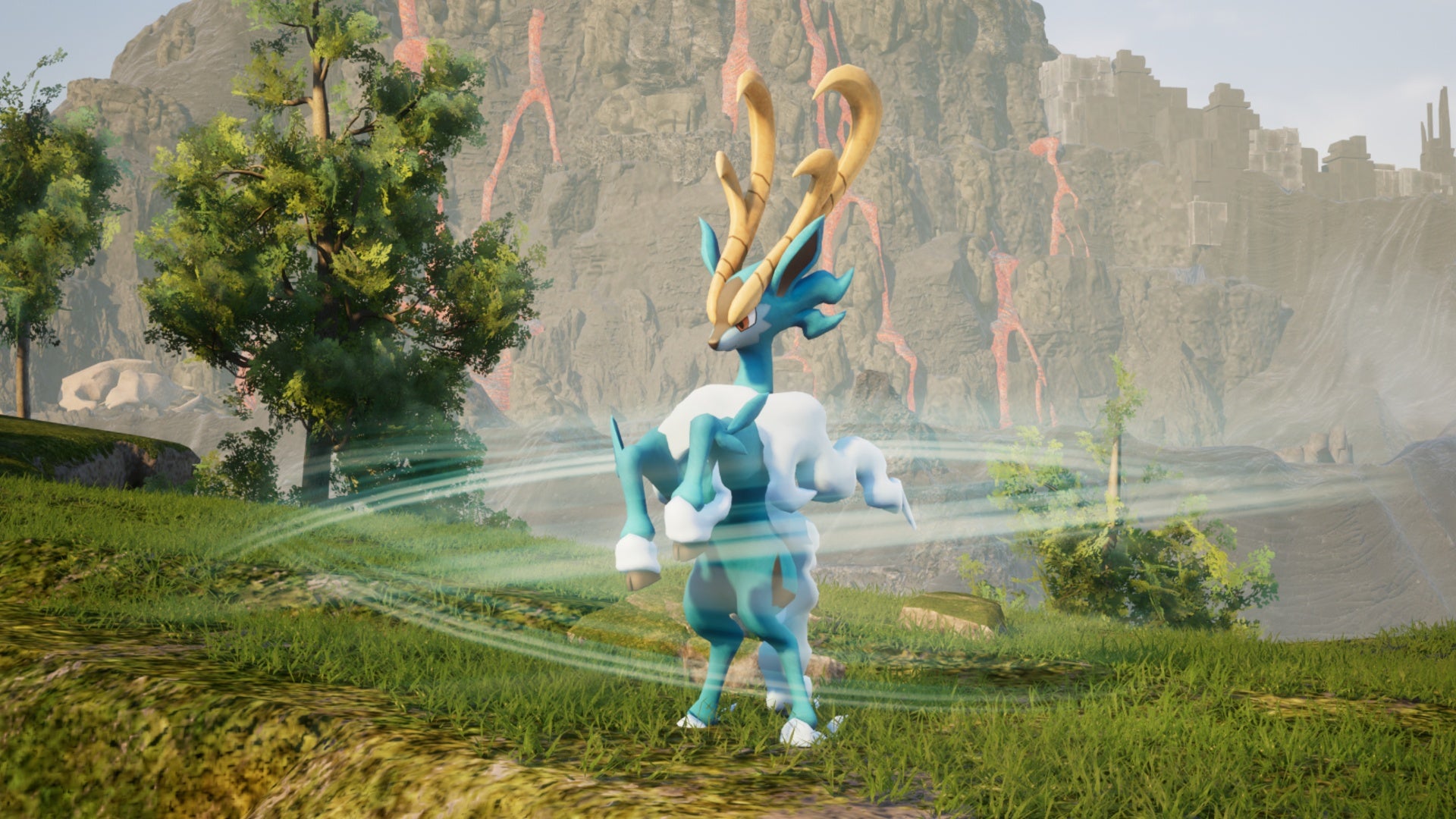 Palworld, официальное искусство Фенглоупа, поднимающегося на дыбы в траве.