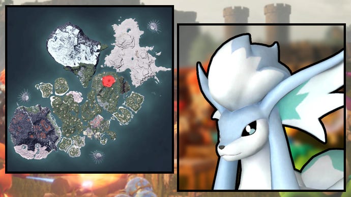 A screenshot of a Foxcicle in Palworld, next to a heatmap of their spawn locations.