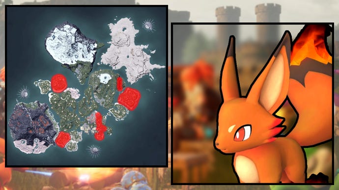 A screenshot of a Foxparks in Palworld, next to a heatmap of their spawn locations.