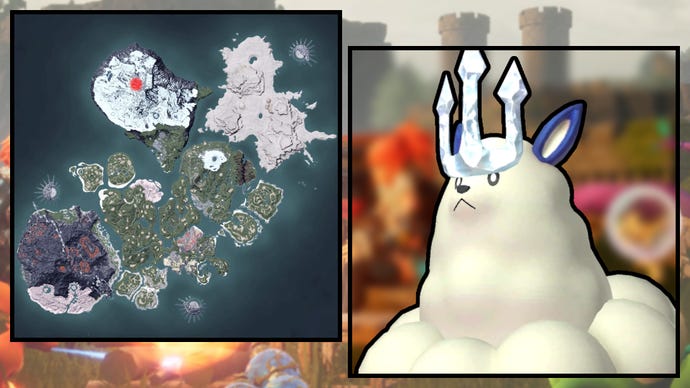 A screenshot of a Ice Kingpaca in Palworld, next to a heatmap of their spawn locations.