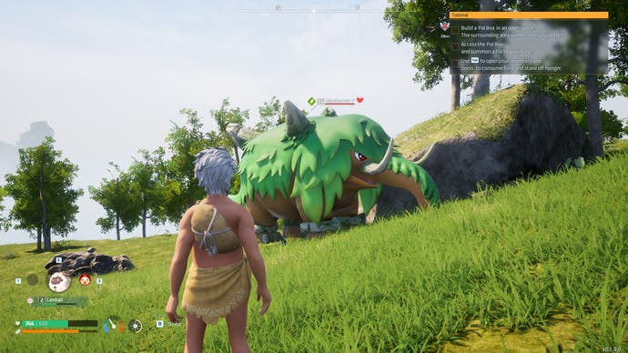 Palworld screenshot showing a giant grassy creature that looks like a cross between Tropius and Mamoswine