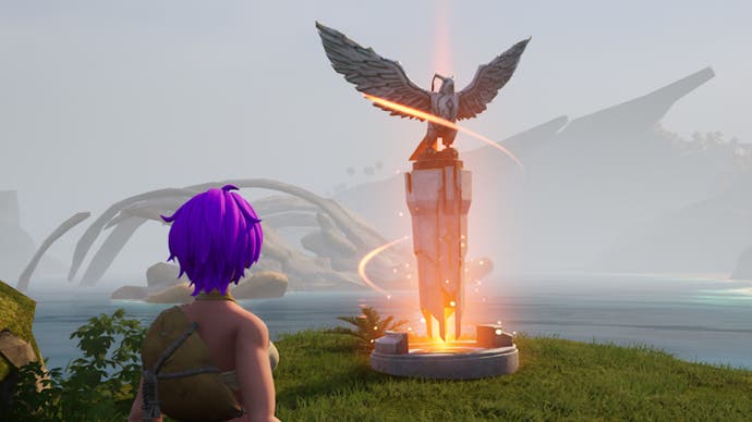 palworld has locked a large eagle statue surrounded by orange light.