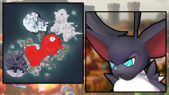 A screenshot of a Loupmoon in Palworld, next to a heatmap of their spawn locations.