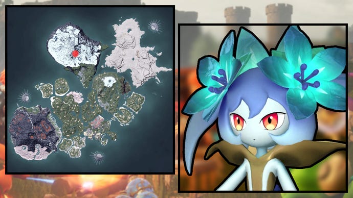 A screenshot of a Lyleen Noct in Palworld, next to a heatmap of their spawn locations.