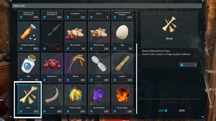 palworld, the merchant 's menu is open with the buy bones option highlighted