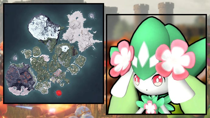 A screenshot of a Petallia in Palworld, next to a heatmap of their spawn locations.