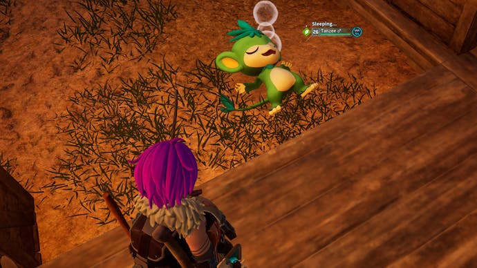 In Palworld, a purple haired player is facing a taznee sleeping on the ground