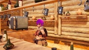 A purple haired player is standing behind a wooden bar top outside a wooden base building in Palworld.