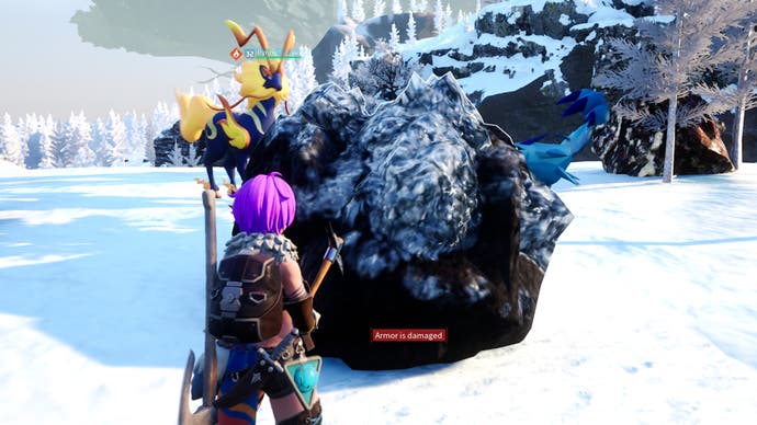 In Palworld, a player with purple hair faces a pure quartz deposit with a pickaxe and pyrin is in the background.