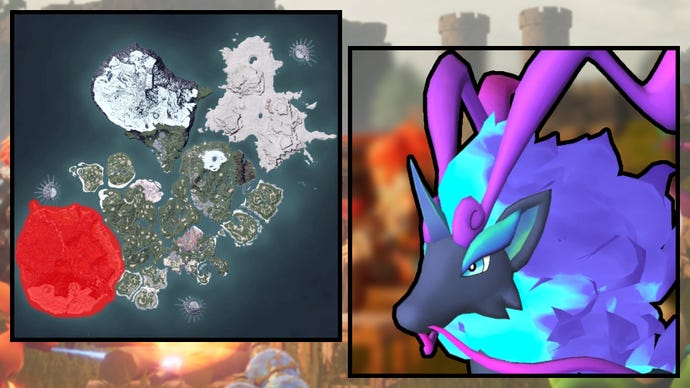 A screenshot of a Pyrin Noct in Palworld, next to a heatmap of their spawn locations.
