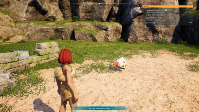 A woman watches a dead chicken roll around on the ground in Palworld