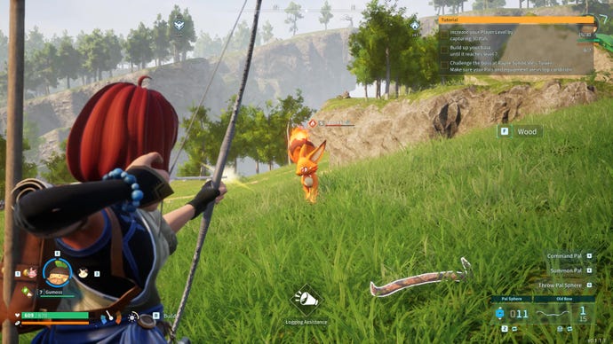A woman shoots a bow and arrow at a fire fox creature in Palworld