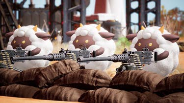 palworld key art showing three sheep-like creatures with heavy machine guns