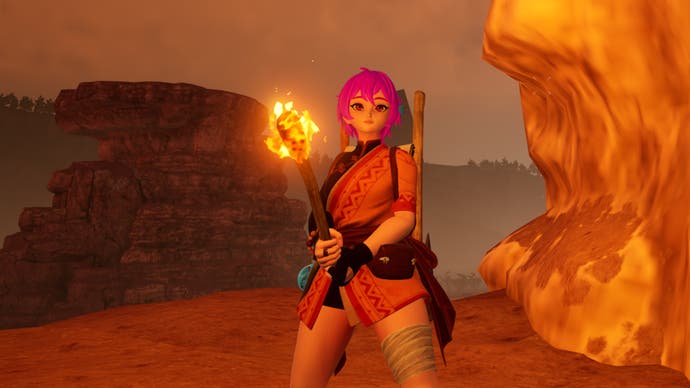palworld, pink haired character holding flame torch while wearing tropical outfit