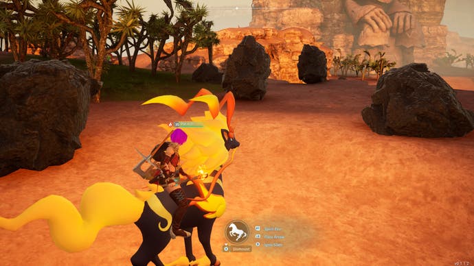 palworld twilight dunes coal deposit west of anubis and a purple haired player riding Pyris.