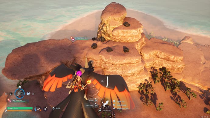In twilight dunes in palworld, a player riding a vanwyrm is looking at a coastal cliff filled with coal deposit from the air.